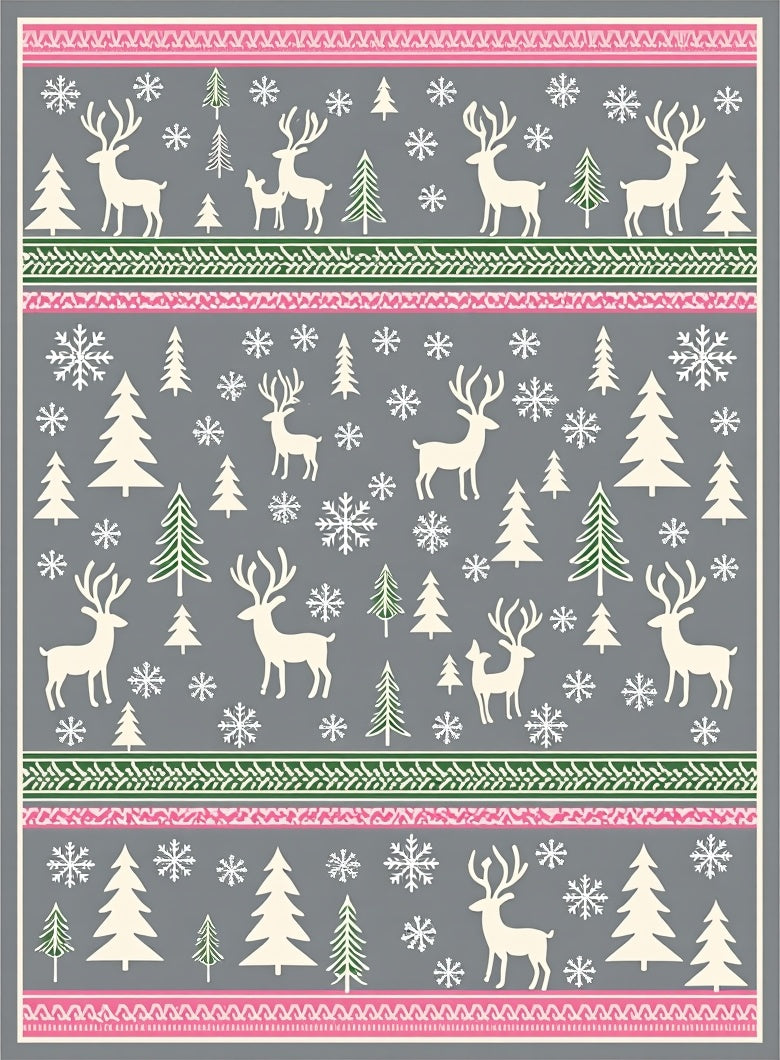 Winter Forest Deer Snowflakes Pink Green Rug
