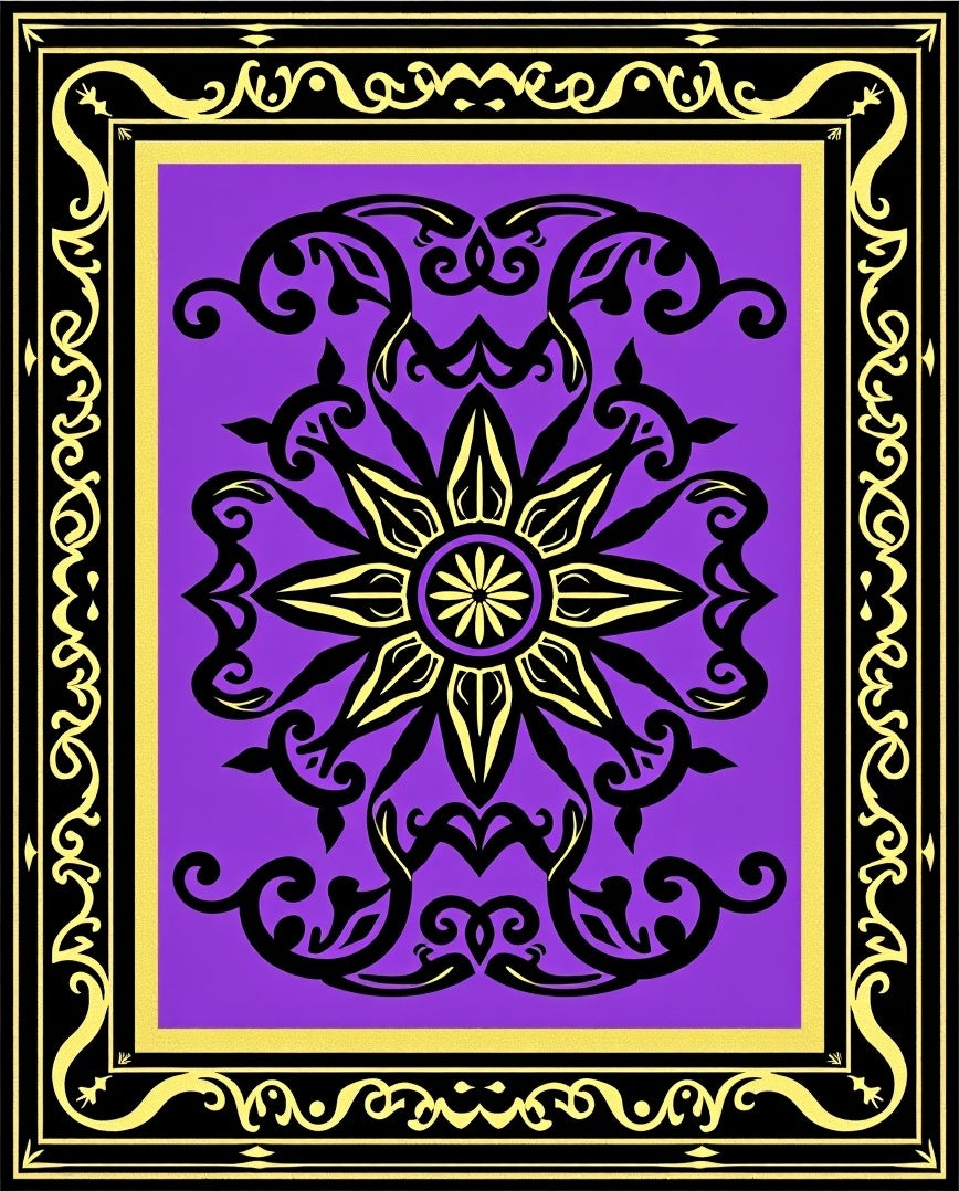 Vibrant Purple Black Golden Medallion Frame Rug