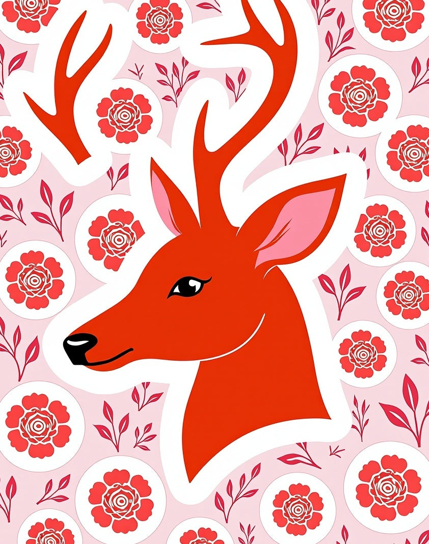 Orange Deer Red Floral Circles Background Rug