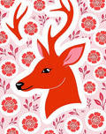 Orange Deer Red Floral Circles Background Rug