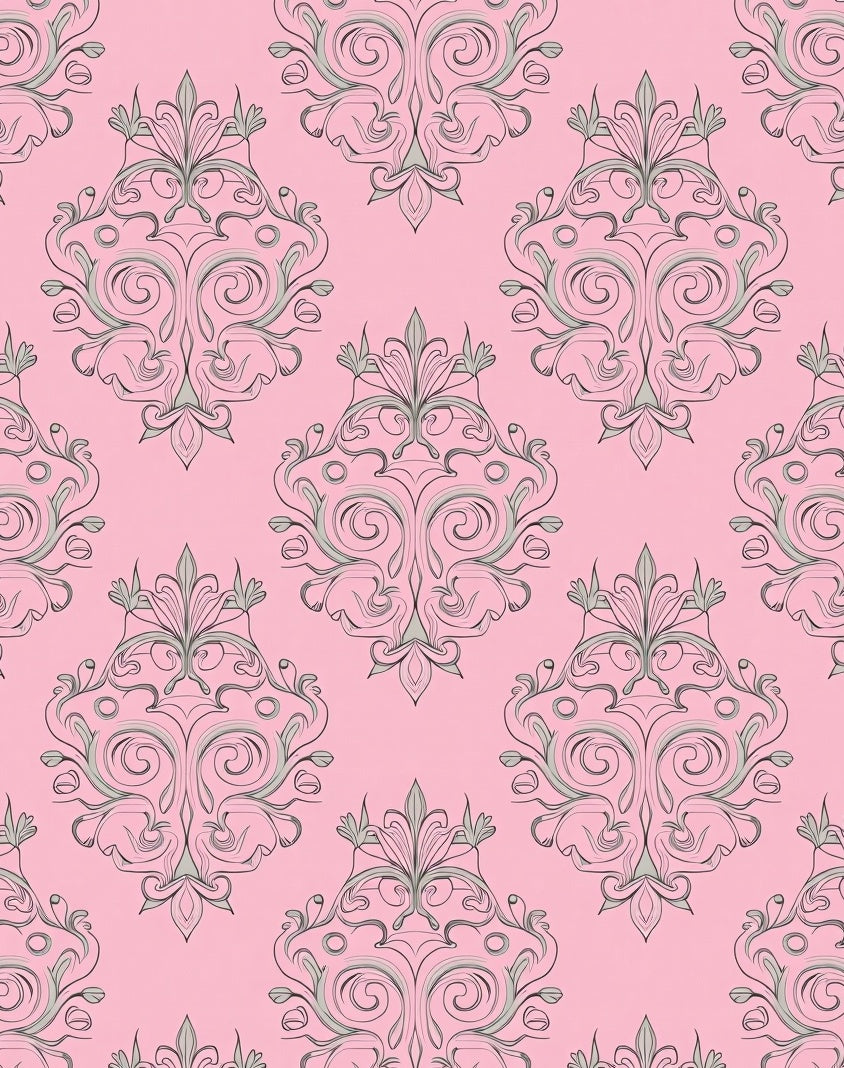 Pink Damask Scrollwork Medallion Arrangement Rug