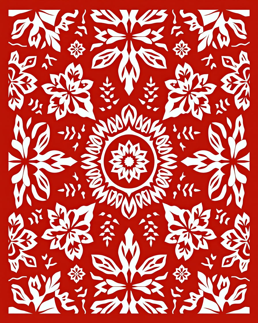 Crimson White Folk Art Floral Mandala Rug