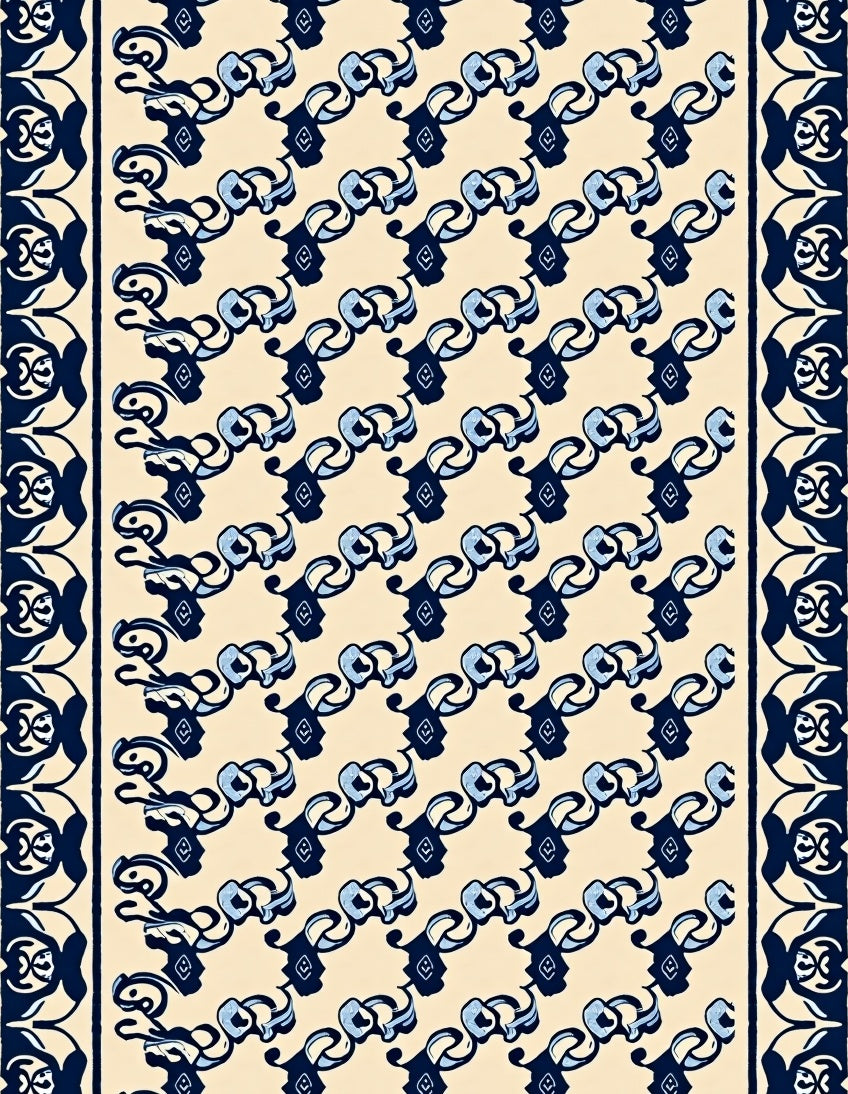 Ivory Blue Swirled Ribbon Border Rug