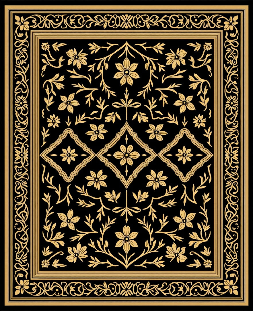 Black Golden Vine Floral Accent Rug
