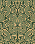 Emerald Gold Scrolling Damask Rug