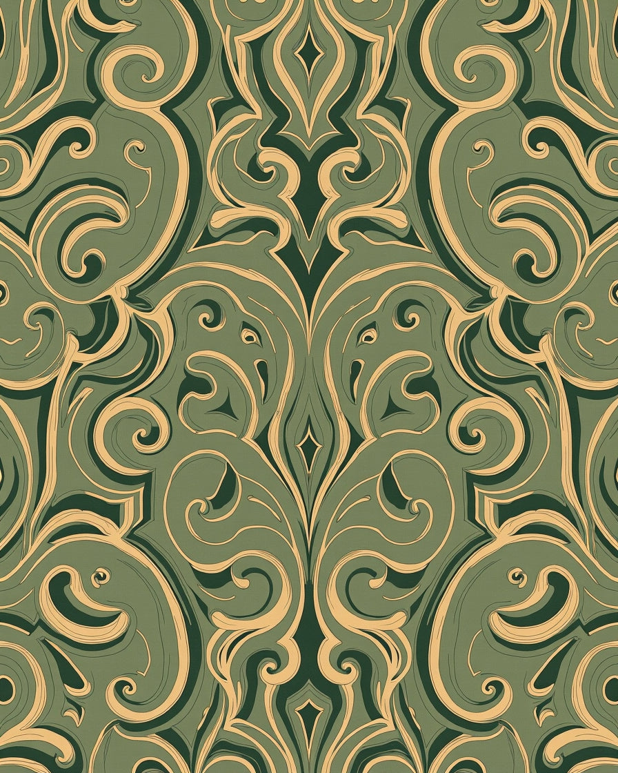 Emerald Gold Scrolling Damask Rug
