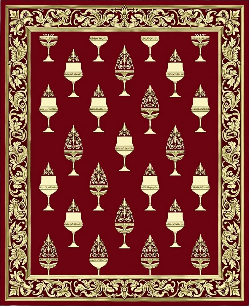 Crimson Gold Ornate Goblet Border Rug