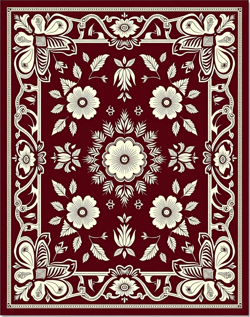 Rich Scarlet Cream Botanical Ornament Rug