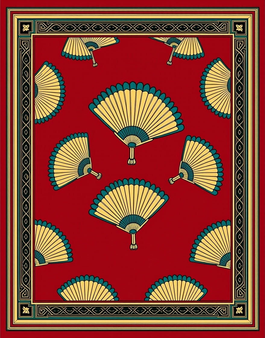 Red Fan Motif Border Rug