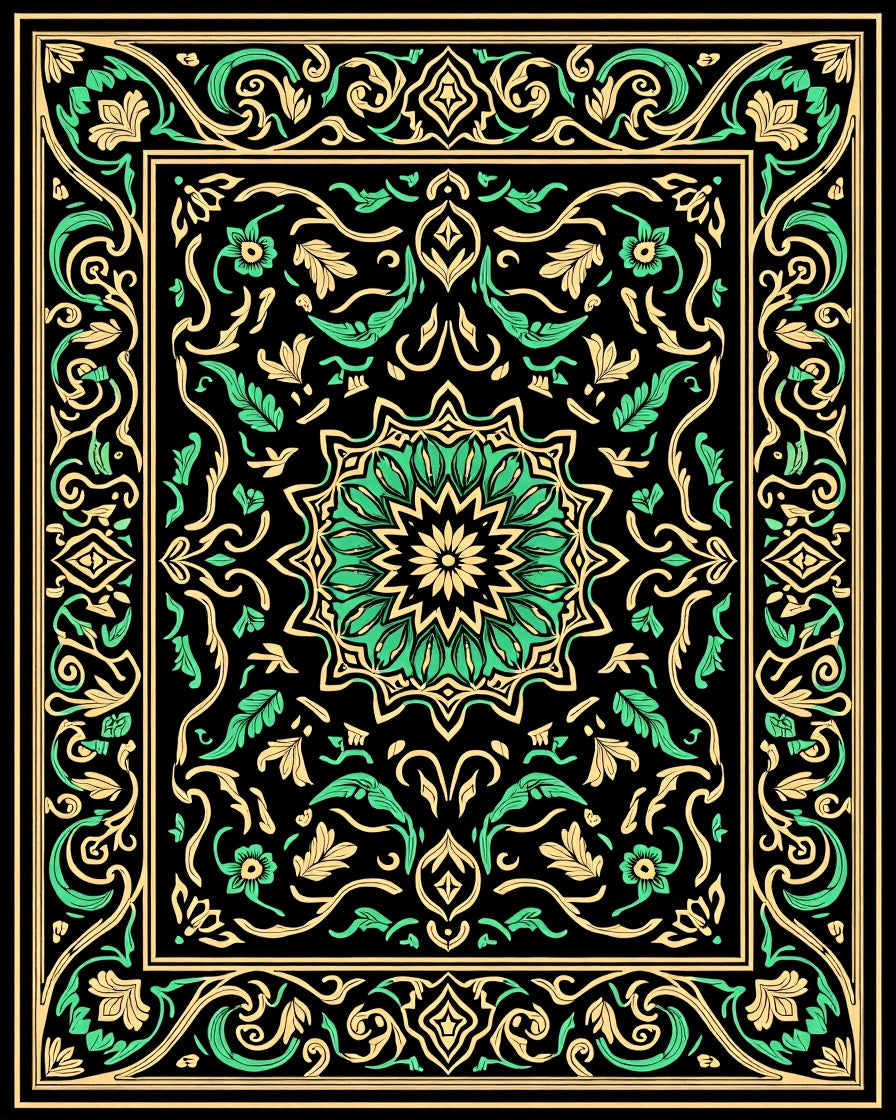 Elaborate Floral Mandala Black Emerald Rug