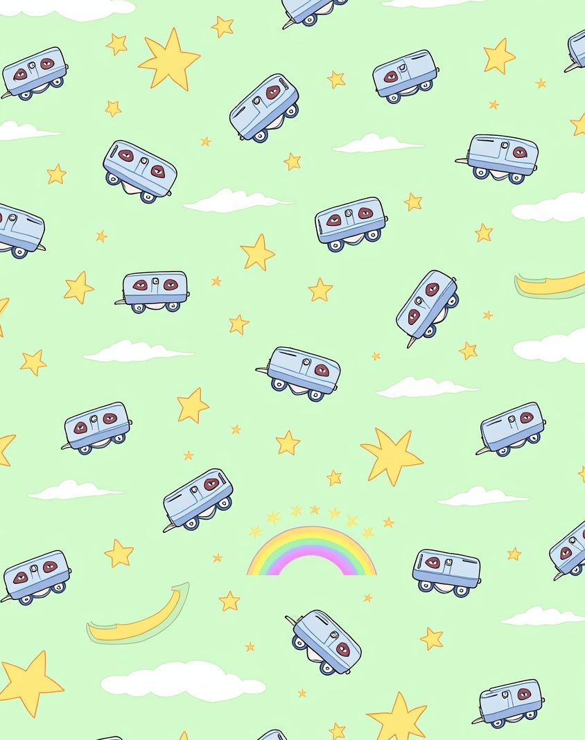 Whimsical Blue Train Stars Rainbow Rug