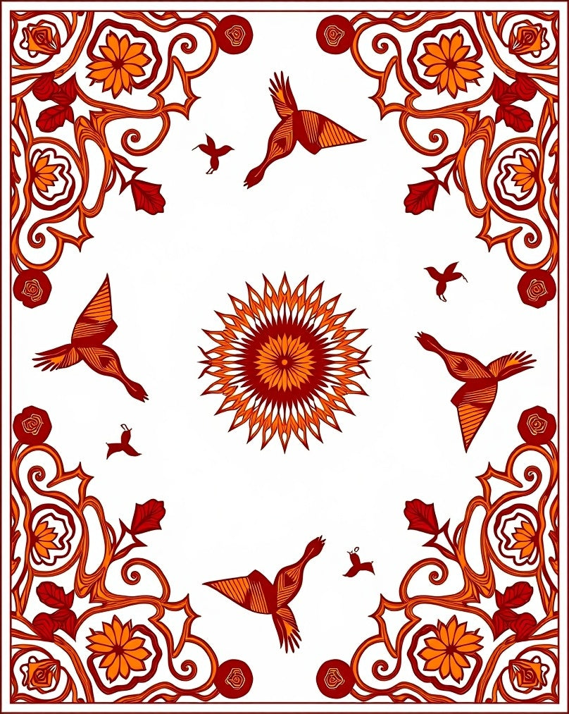 Red Orange Floral Birds Sunburst Rug