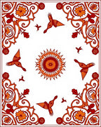 Red Orange Floral Birds Sunburst Rug