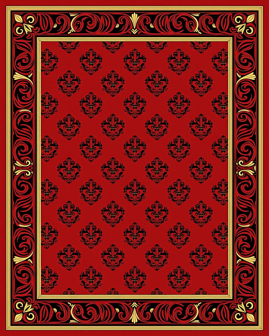 Crimson Red Black Gold Damask Border Rug