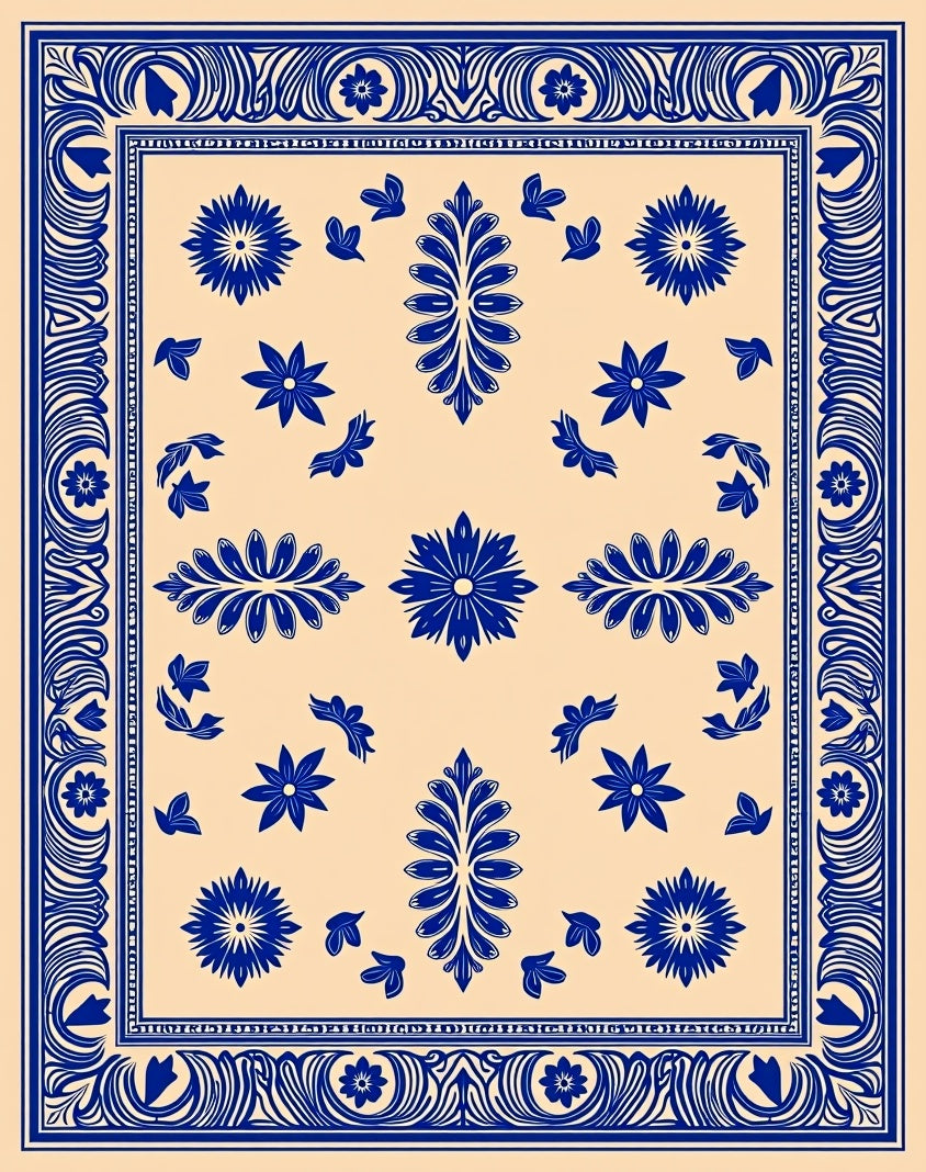 Blue Floral Cream Border Rug