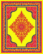 Vibrant Red Sunburst Yellow Medallion Border Rug
