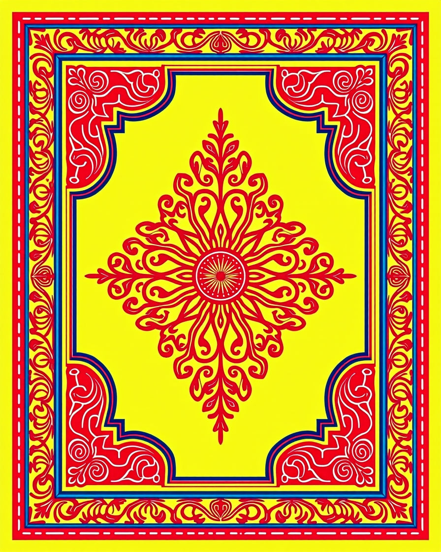 Vibrant Red Sunburst Yellow Medallion Border Rug