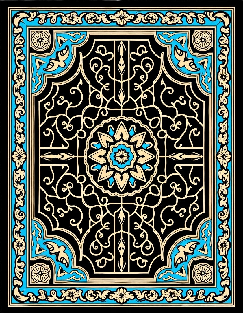 Black Blue Golden Floral Medallion Rug