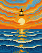 Orange Sunset Pagoda Ocean Waves Rug