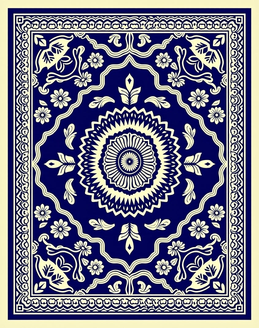 Deep Blue Floral Medallion Rug