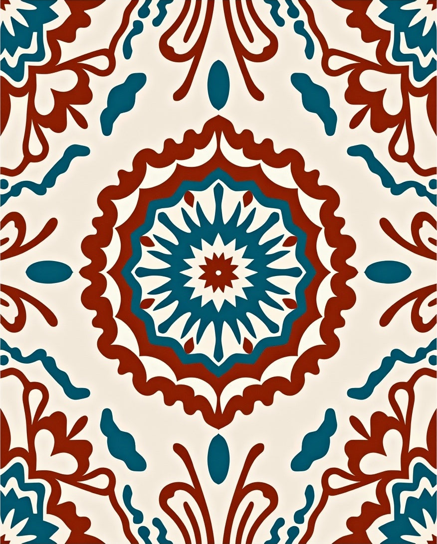 Crimson Teal Medallion Floral Art Rug