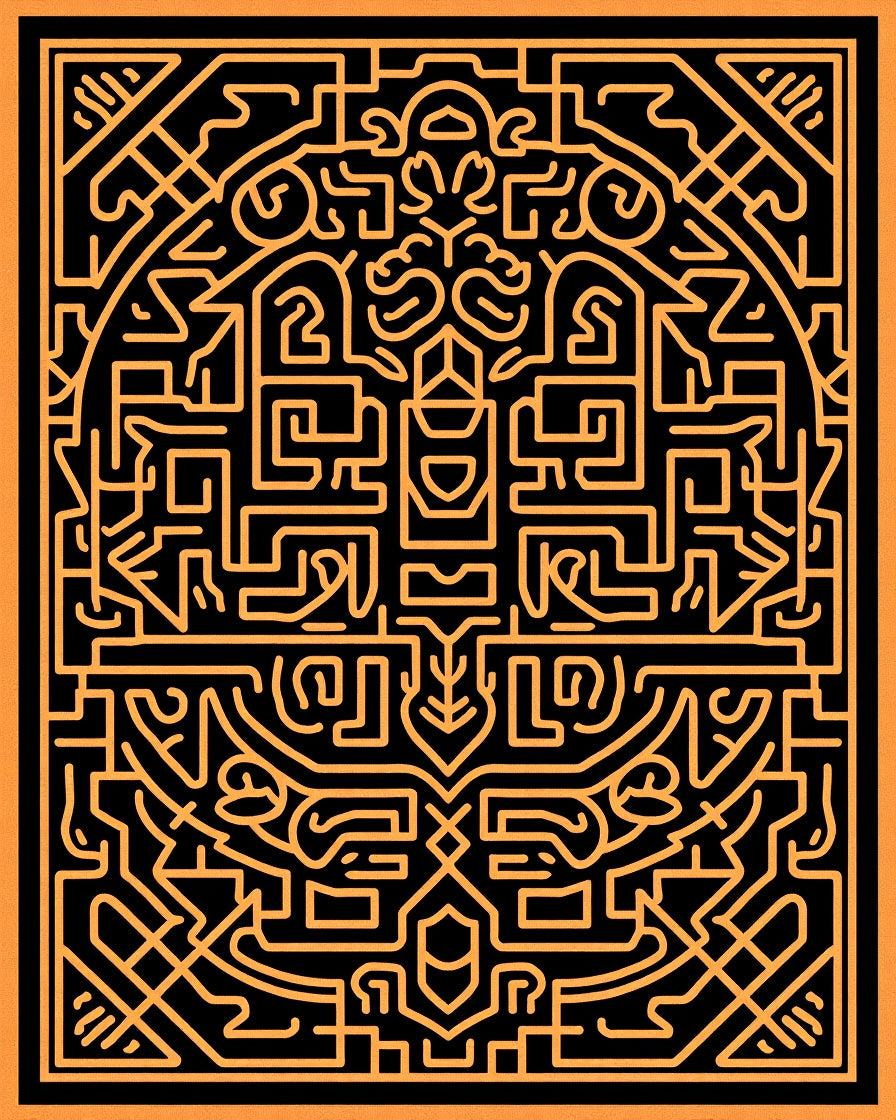 Orange Black Intricate Maze Graphic Rug
