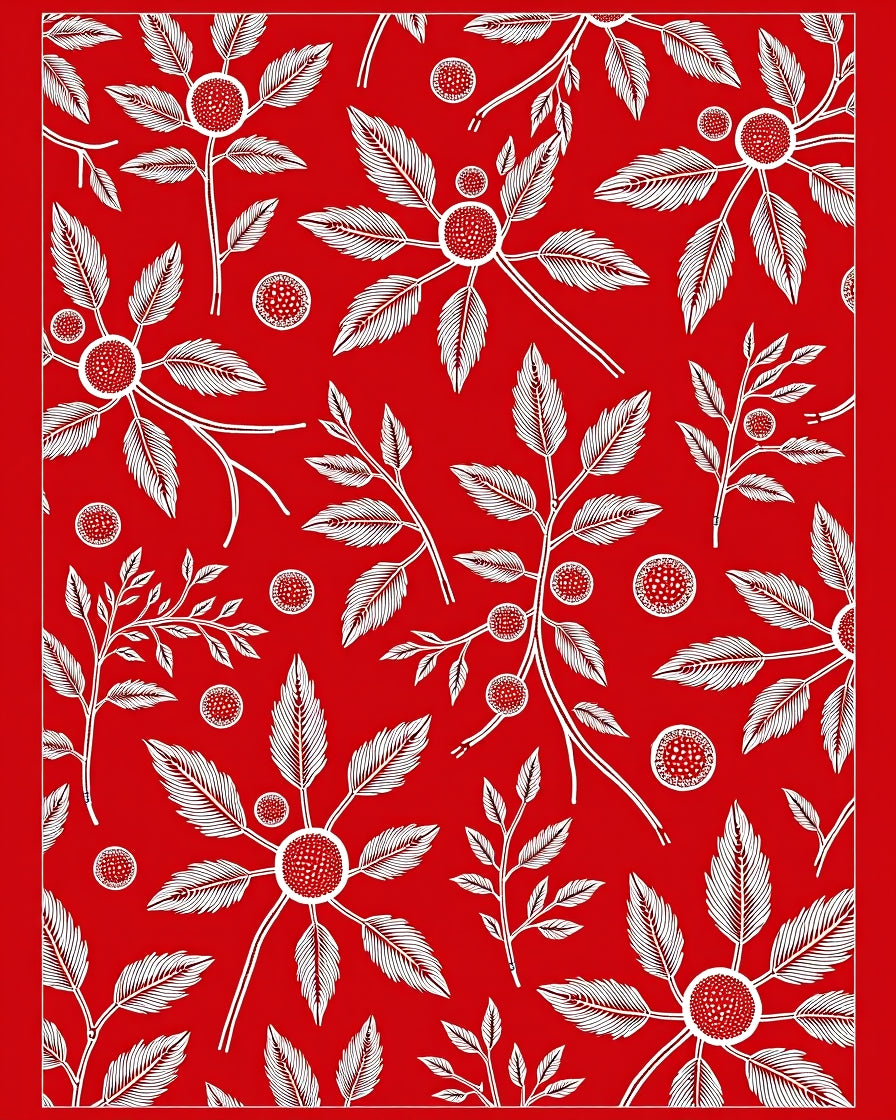 Vibrant Red White Botanical Branches Rug