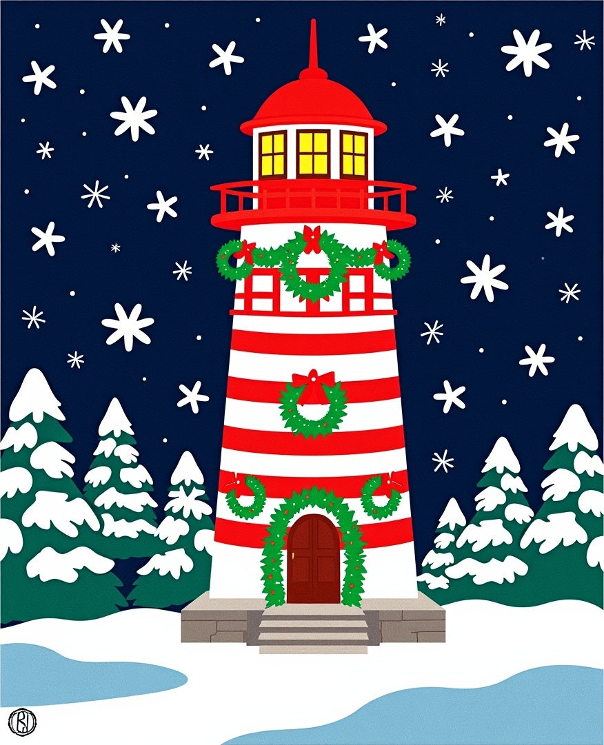 Red White Striped Lighthouse Snowscape Wreath Rug