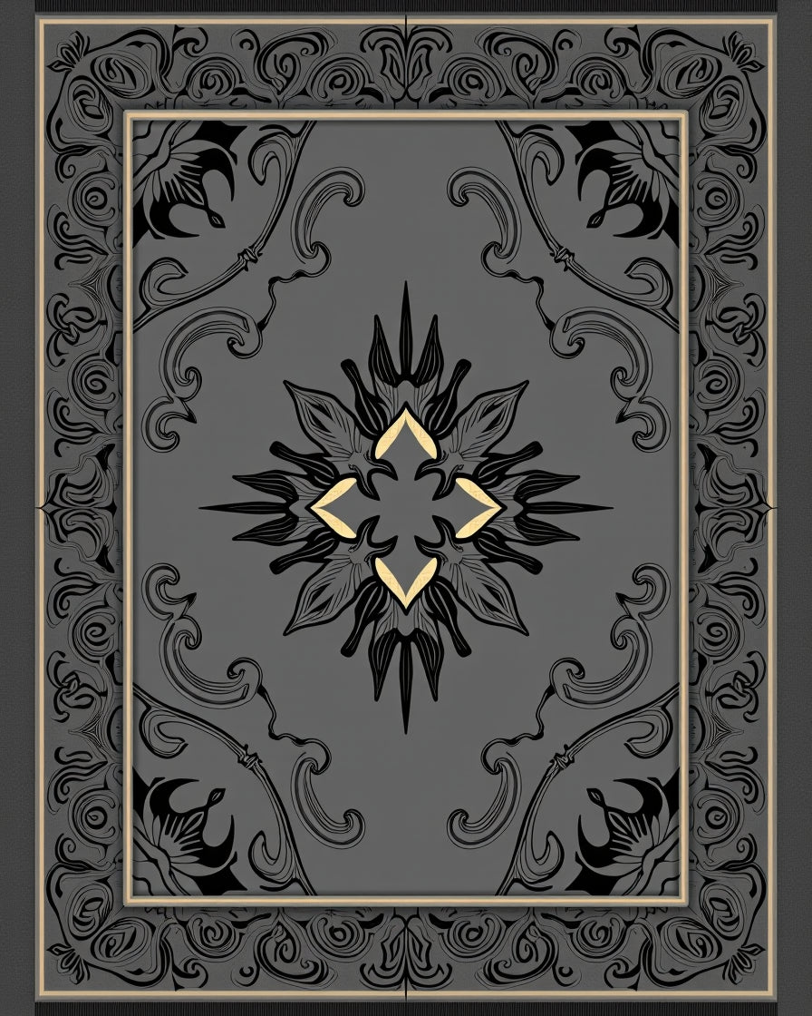 Gray Black Floral Crest Medallion Rug