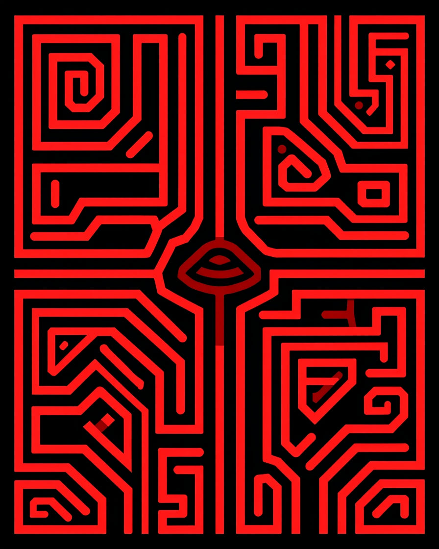 Crimson Circuit Board Maze Rug