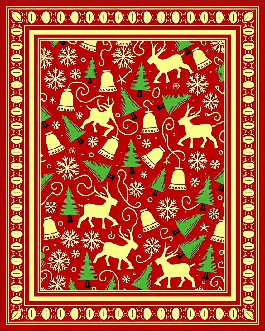 Red Festive Reindeer Snowflakes Bells Trees Rug