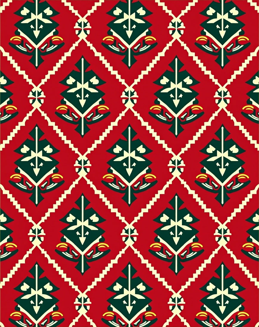 Crimson Emerald Diamond Tree Motif Rug