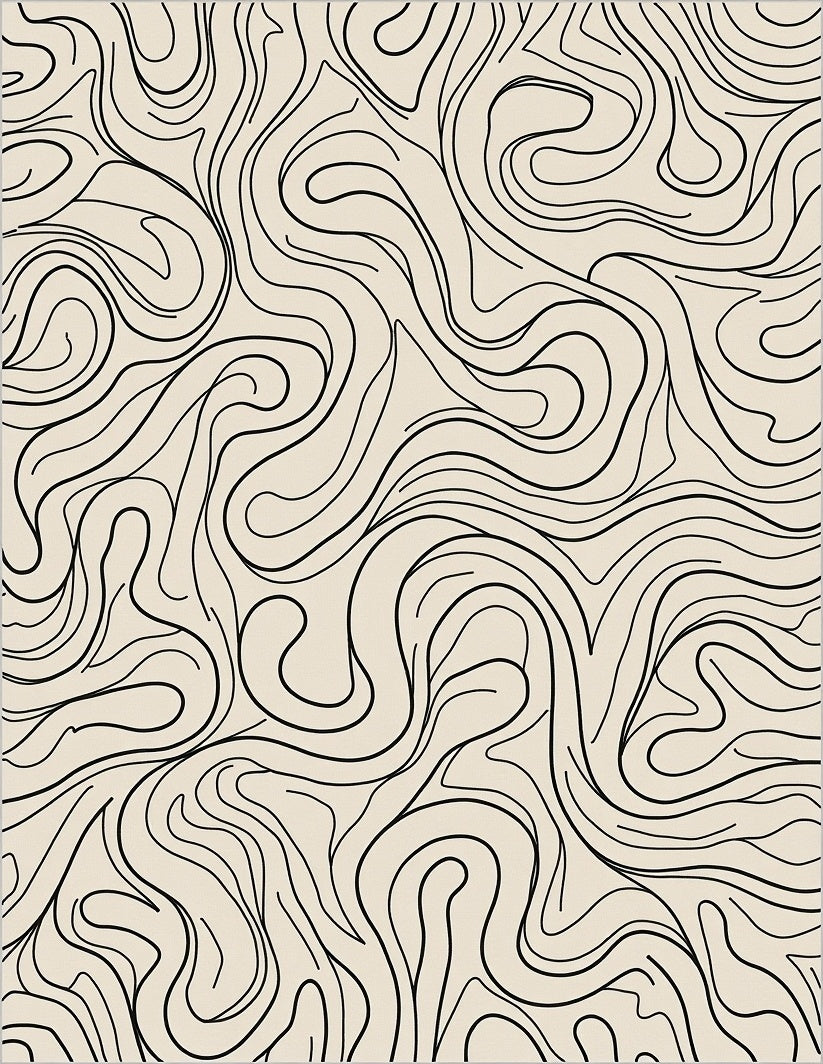 Cream Black Swirling Wavy Lines Rug