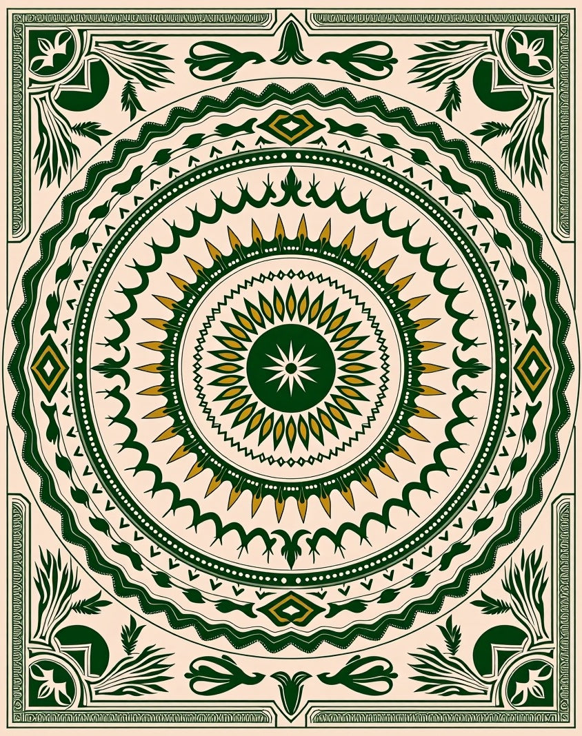 Forest Green Golden Sunburst Mandala Rug