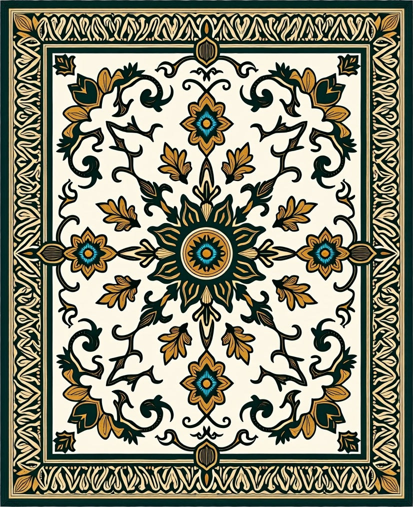Deep Teal Golden Floral Medallion Rug