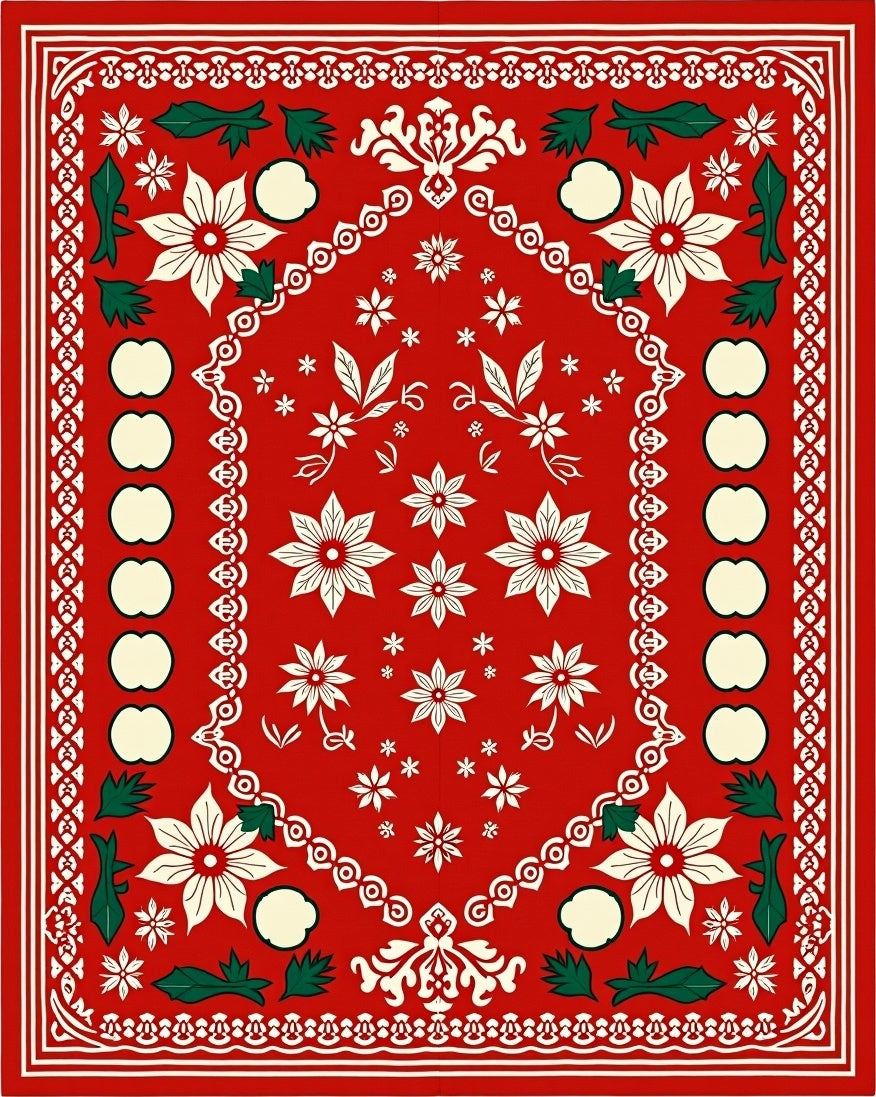 Red Festive Floral Fruit Border Rug