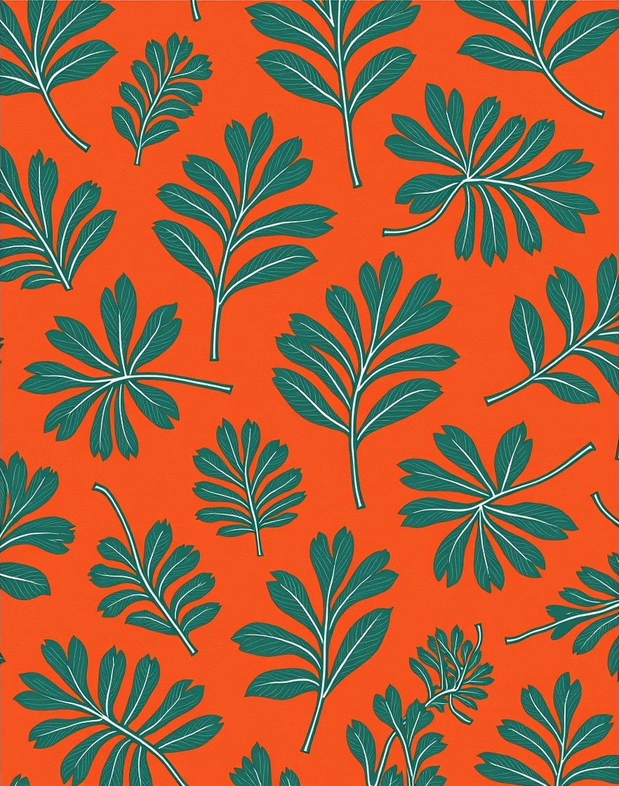 Vibrant Orange Teal Leafy Imprint Rug