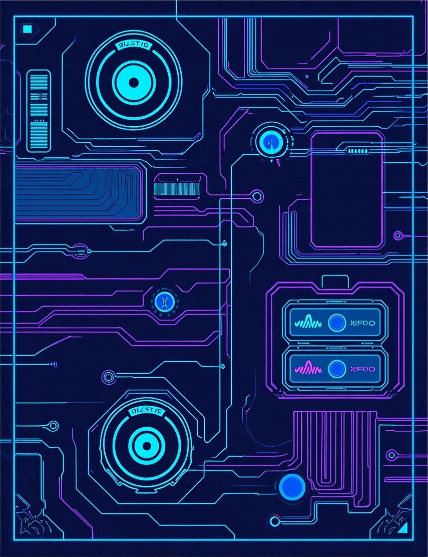Futuristic Circuit Board Neon Blue Purple Rug