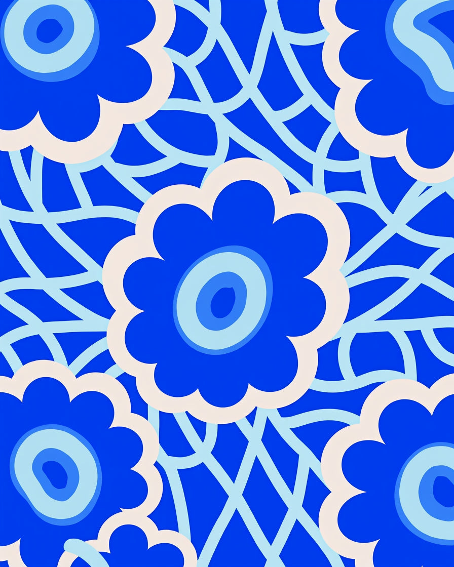 Bold Blue Retro Floral Net Rug