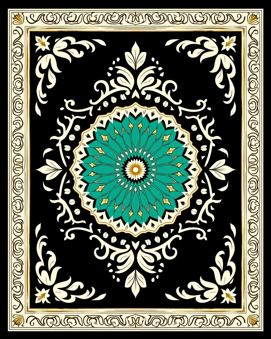 Black Teal Floral Medallion Oriental Rug