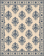 Navy Floral Damask Cream Border Rug