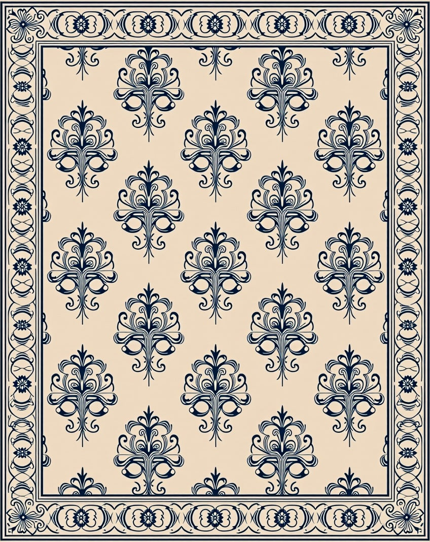 Navy Floral Damask Cream Border Rug