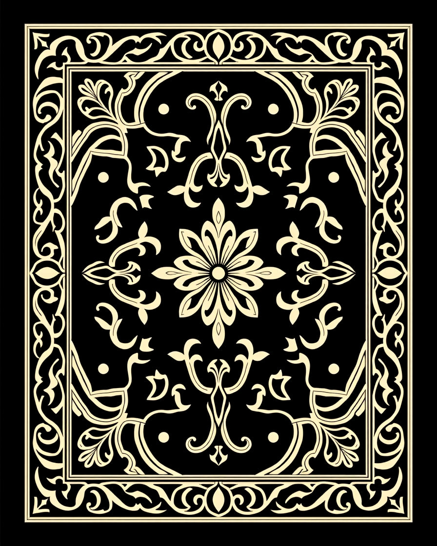 Ornate Black Ivory Floral Scroll Rug