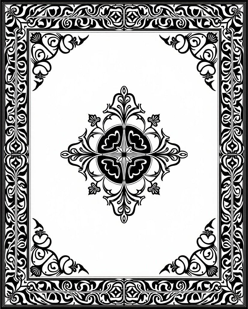 Ornate Black White Scrollwork Medallion Rug