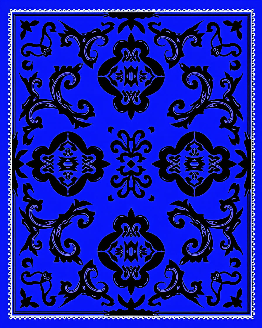 Bold Royal Blue Black Damask Medallion Rug