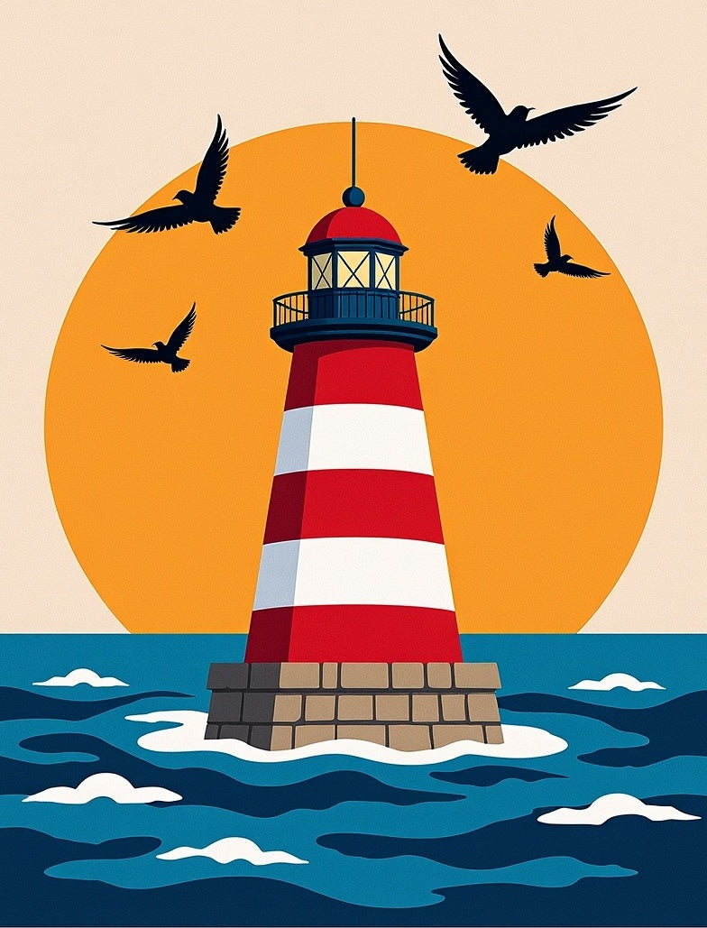 Coastal Red White Stripes Lighthouse Scene Rug