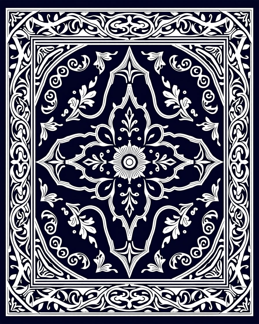 Classic Navy White Floral Medallion Rug