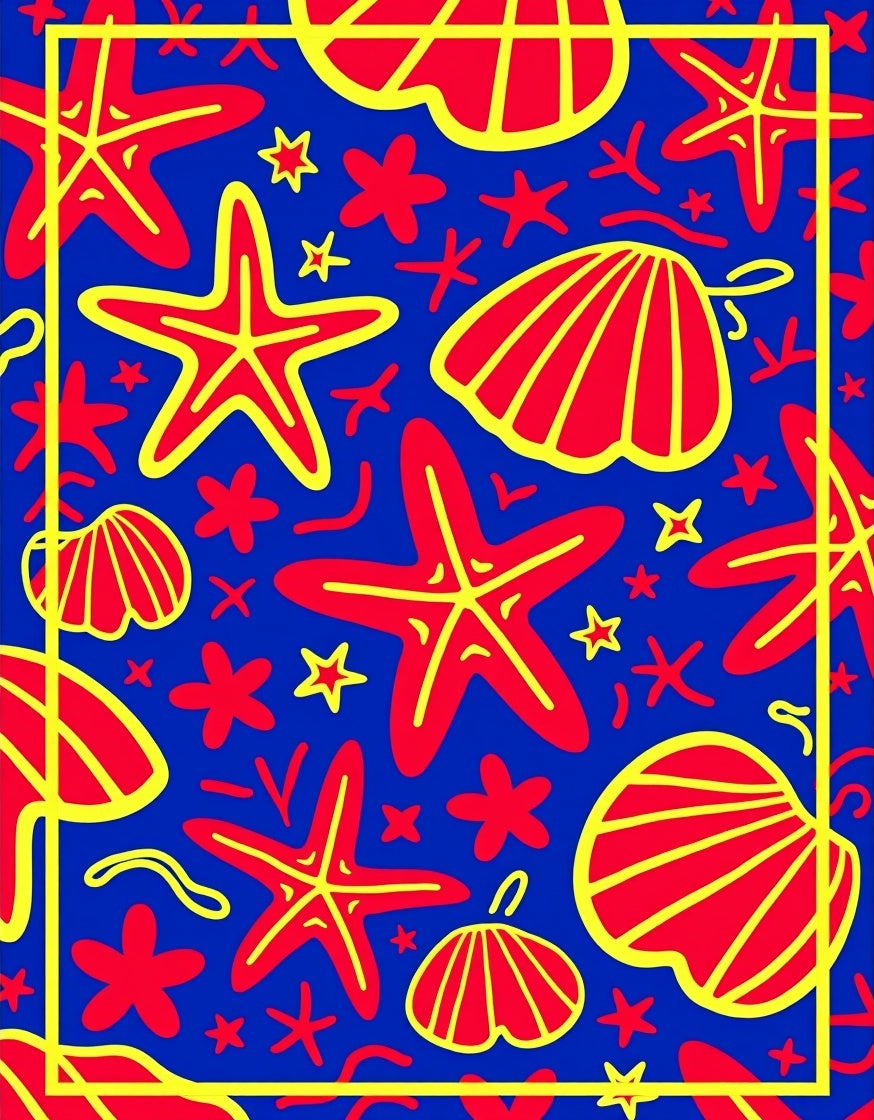 Red Yellow Starfish Shells Marine Life Rug