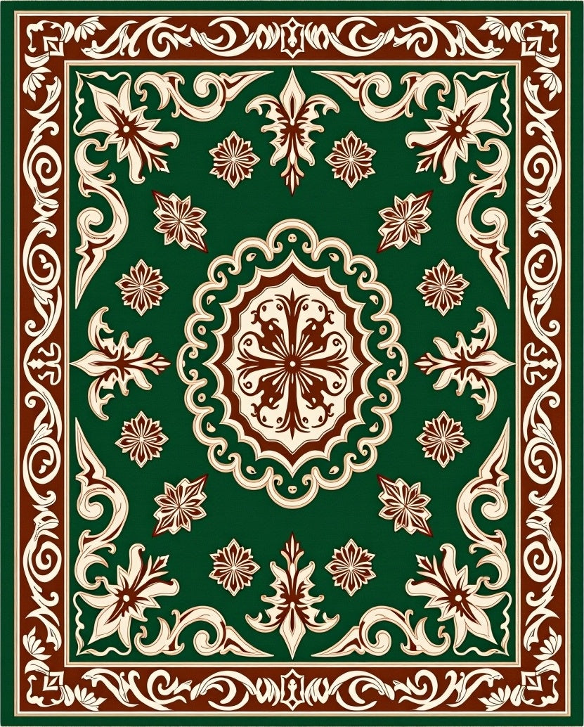 Deep Emerald Scroll Border Bloom Rug