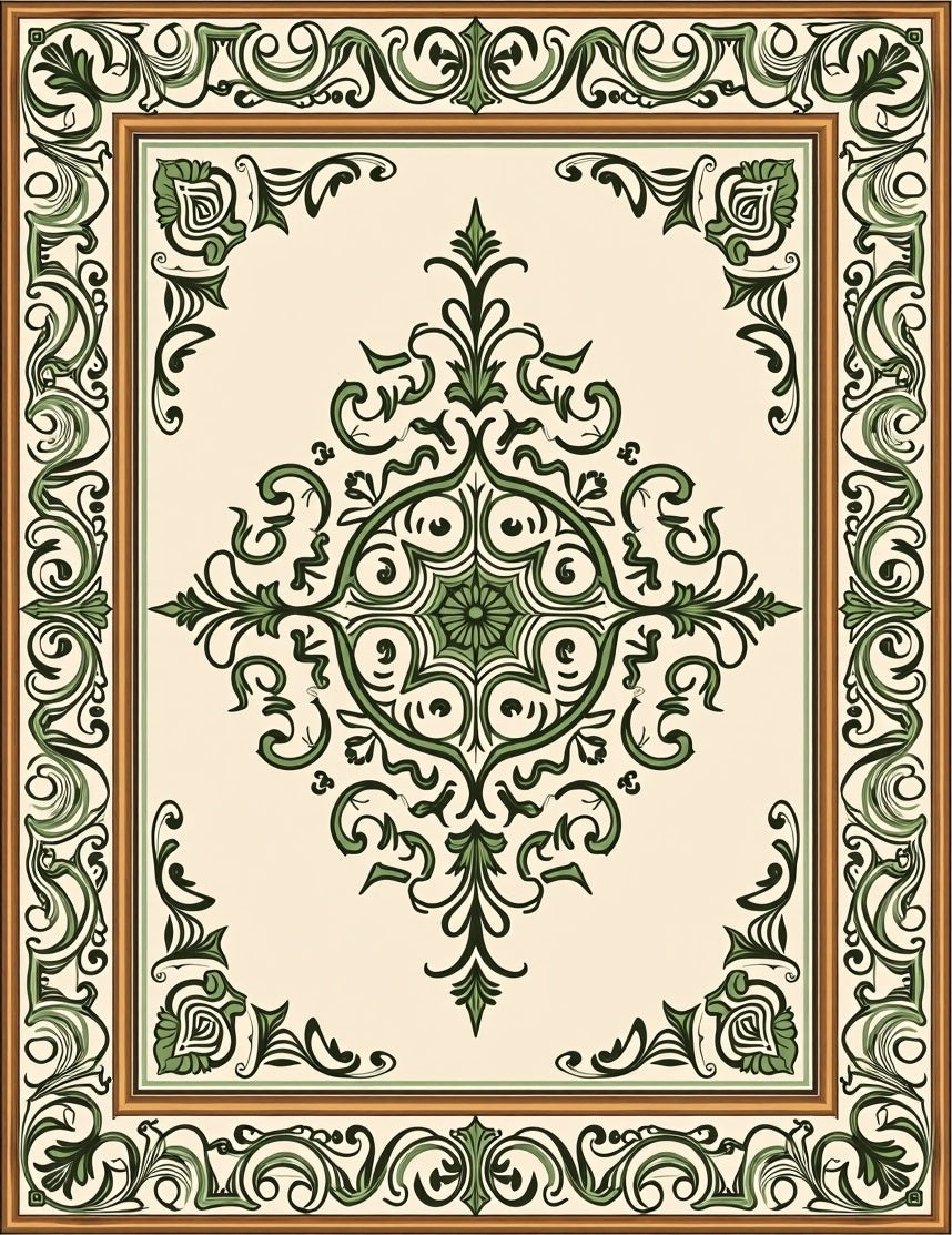 Cream and Green Scrollwork Medallion Rug